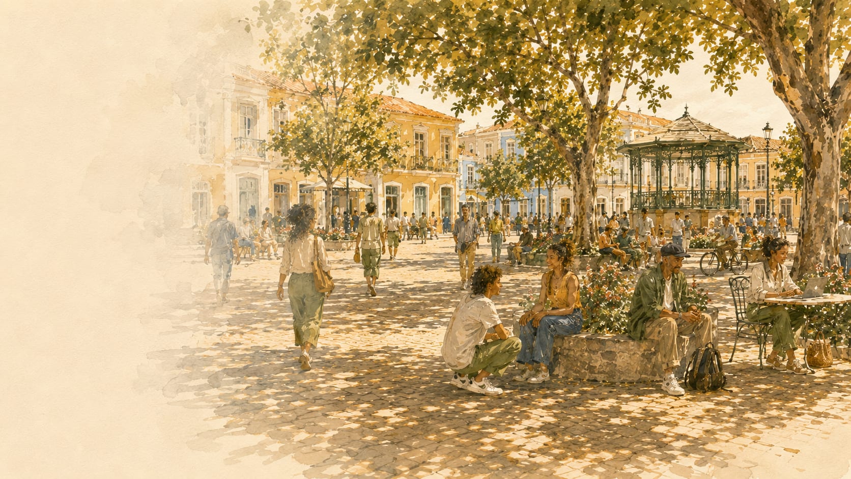 Watercolor illustration of a sunlit praça with colonial buildings, trees, a bandstand, and people walking and gathered in small groups.