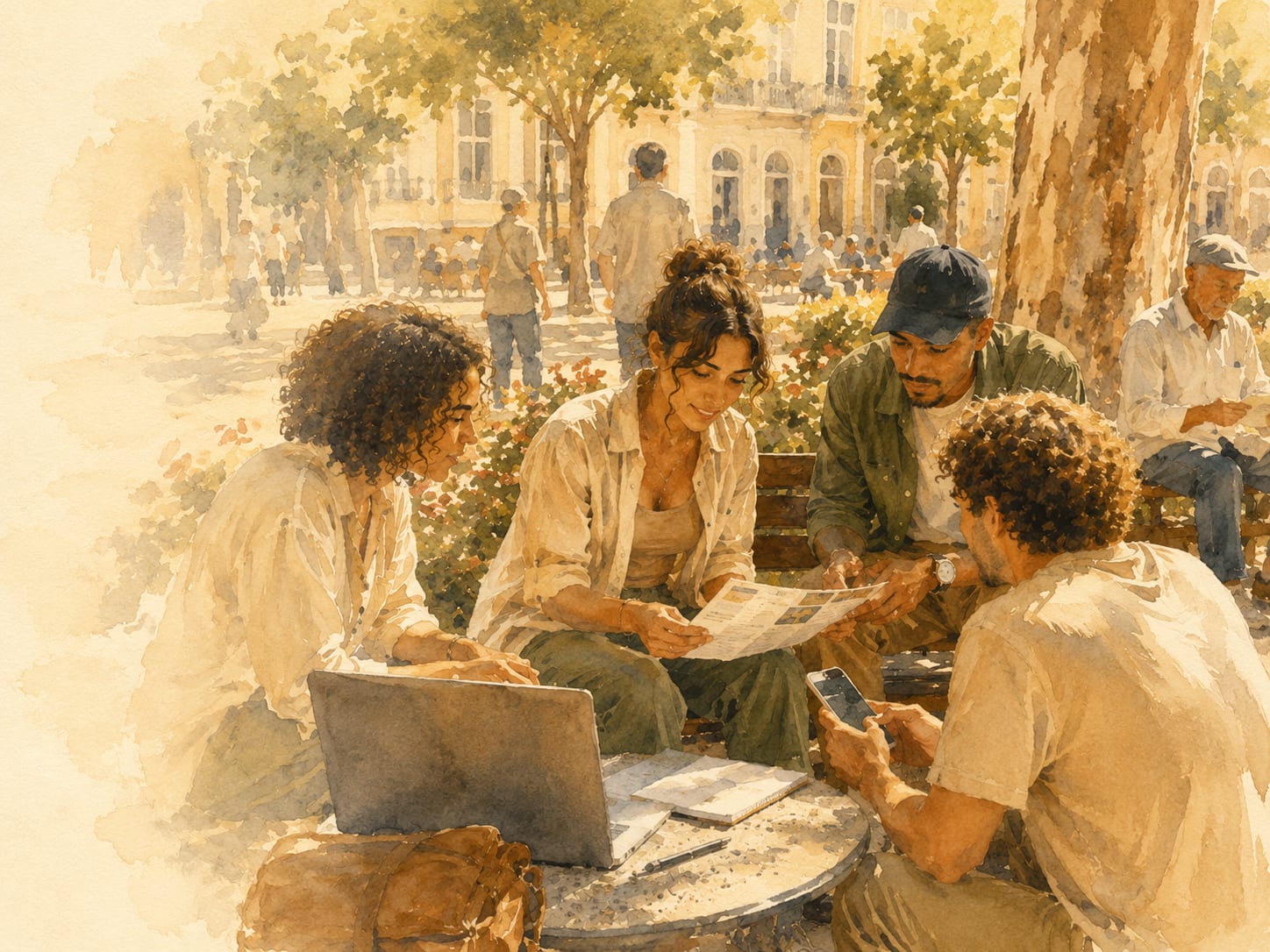 Watercolor illustration of four people gathered around a café table in a praça, looking together at a laptop, a printed map, and a phone.