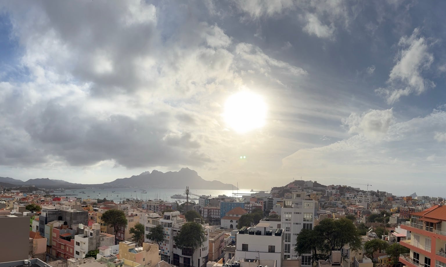 View across Mindelo and Porto Grande toward Monte Cara on São Vicente, Cabo Verde.