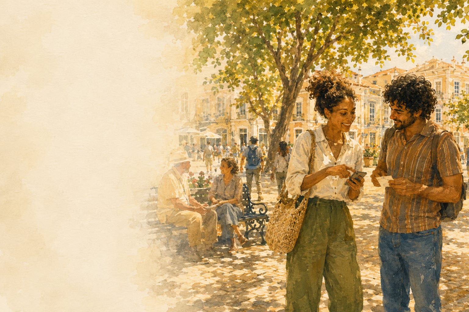 Watercolor illustration of two people walking and chatting in a tree-lined praça, one checking a phone, with an older couple seated on a bench in the background.