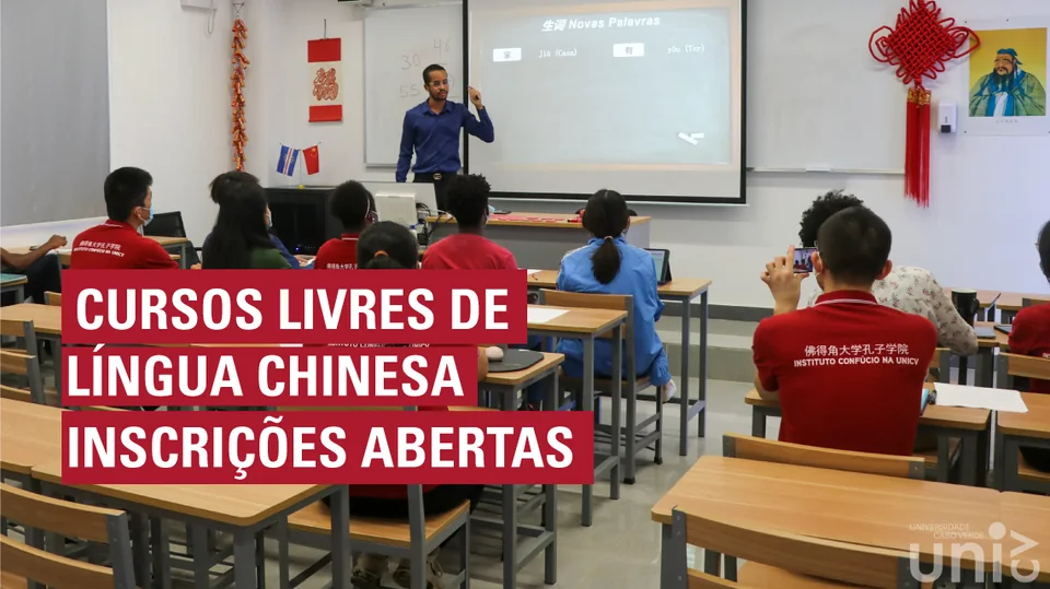 Uni-CV Confucius Institute classroom image announcing open registration for free Chinese-language courses.