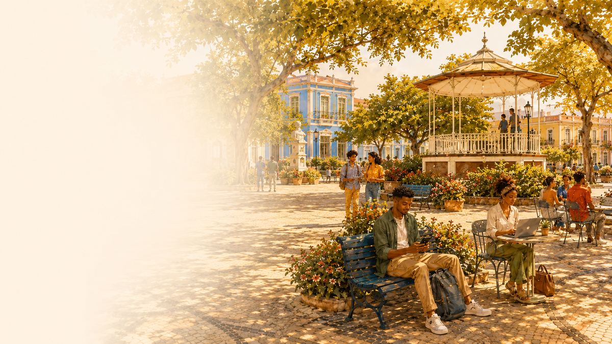 Illustrated Mindelo prasa scene with people talking, reading and spending time beneath trees.