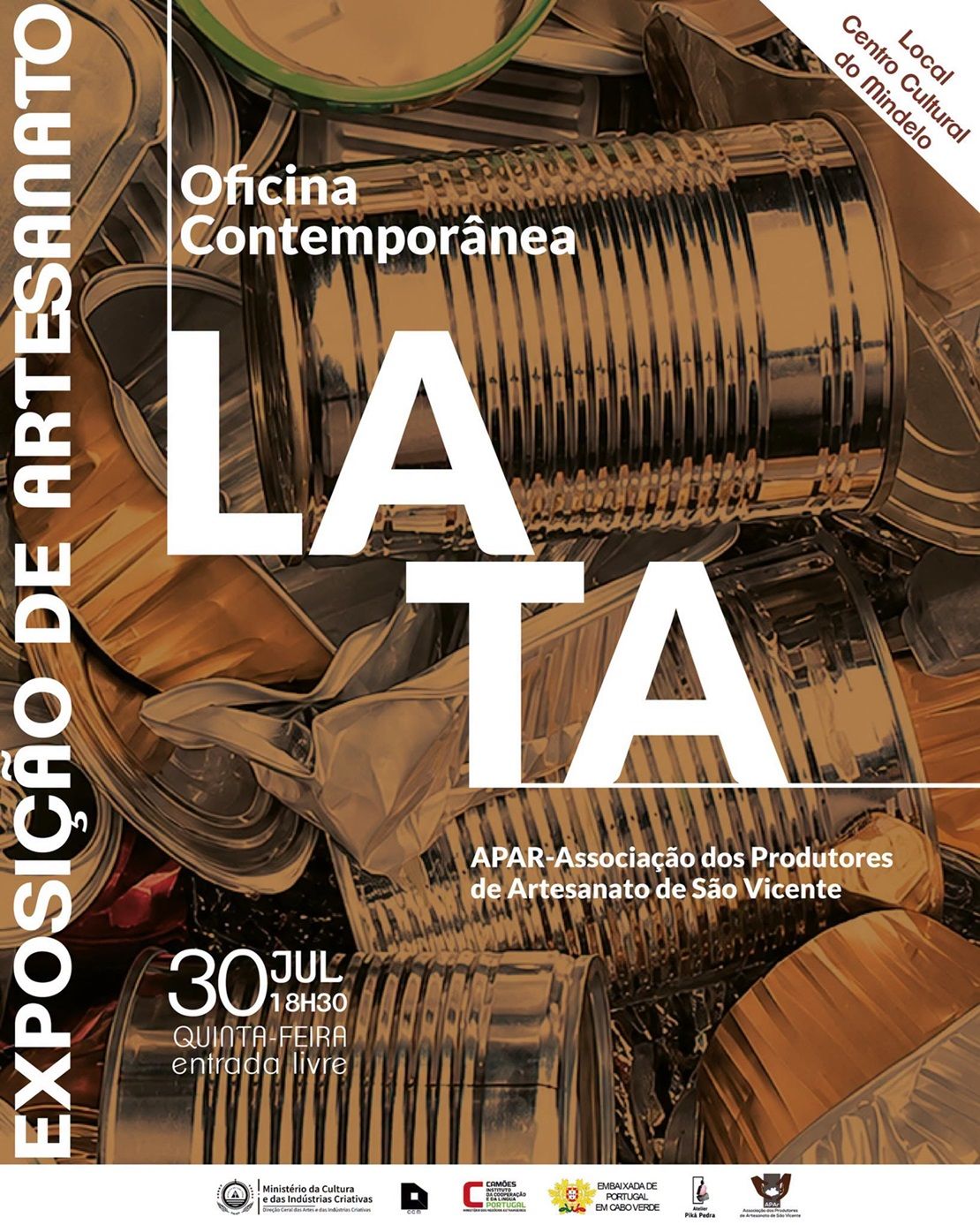 Poster for the Oficina Contemporânea Lata final works exhibition at Centro Cultural do Mindelo, opening 30 July at 18:30 with free admission.