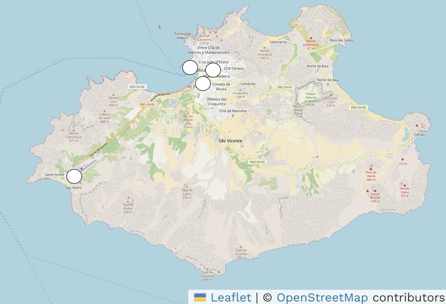 Static orientation map of São Vicente with a few example points near Mindelo and São Pedro, for general geographic orientation only. Map tiles by OpenStreetMap contributors, rendered with Leaflet.
